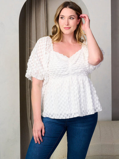 PLUS SIZE SHORT PUFF SLEEVE V-NECK DETAILED BLOUSE TOP