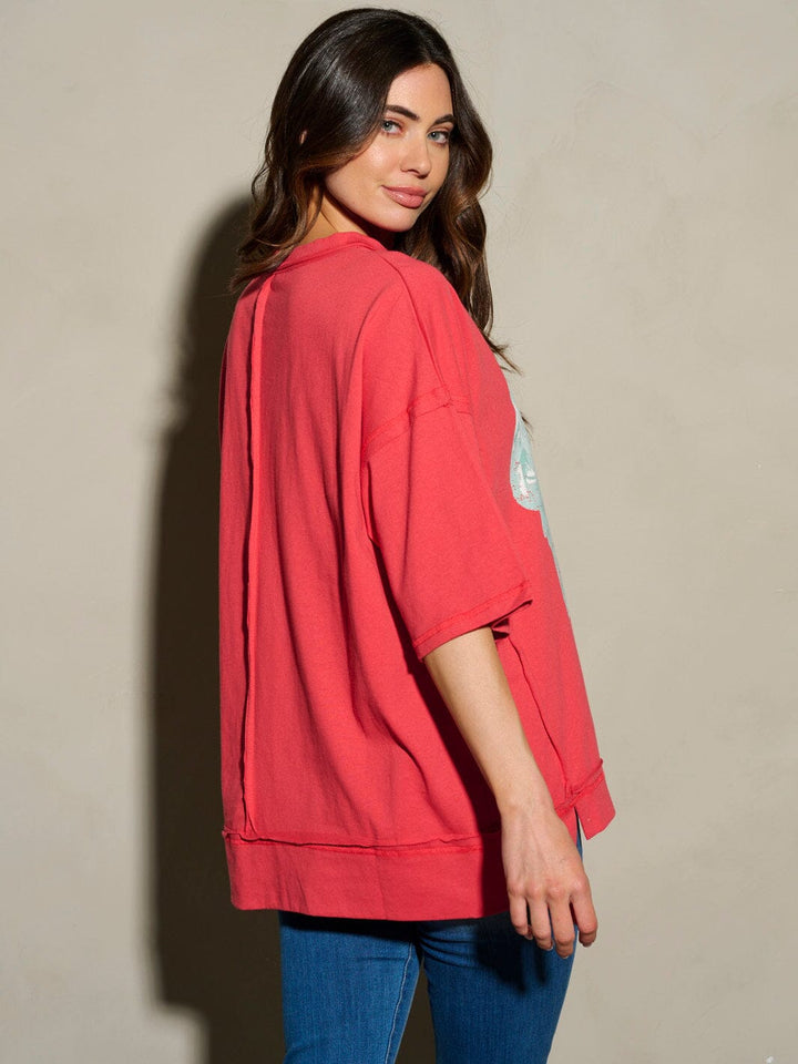 WOMEN'S SHORT SLEEVE SEQUINS LADY LIBERTY PATRIOTIC TUNIC BLOUSE TOP