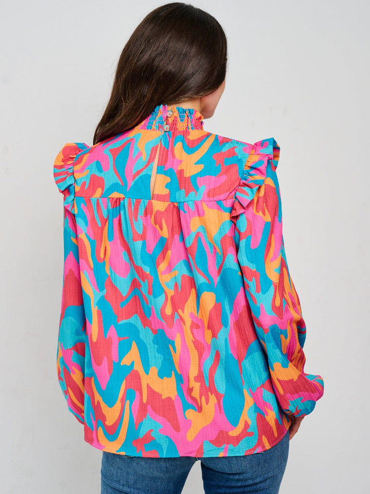 WOMEN'S LONG SLEEVE MOCK NECK MULTI PRINT BLOUSE