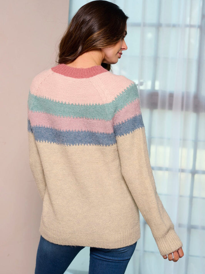 WOMEN'S LONG SLEEVE COLORBLOCK STRIPES PULLOVER SWEATER