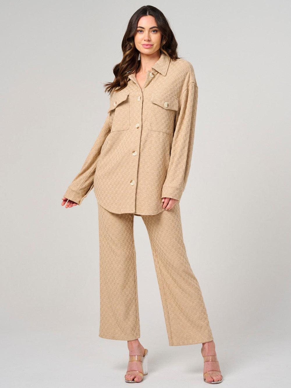 WOMEN'S LONG SLEEVE BUTTON UP FRONT POCKETS CHEKERS DETAILED SHACKET