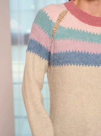 WOMEN'S LONG SLEEVE COLORBLOCK STRIPES PULLOVER SWEATER
