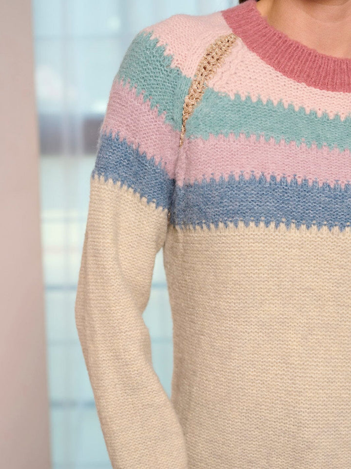 WOMEN'S LONG SLEEVE COLORBLOCK STRIPES PULLOVER SWEATER