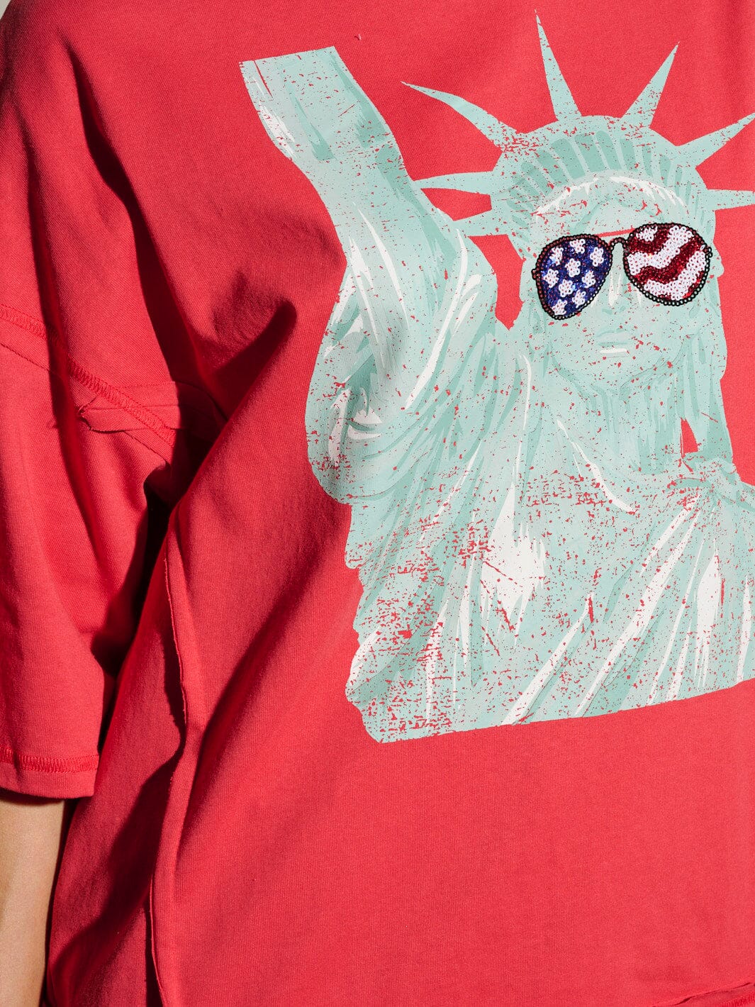 WOMEN'S SHORT SLEEVE SEQUINS LADY LIBERTY PATRIOTIC TUNIC BLOUSE TOP