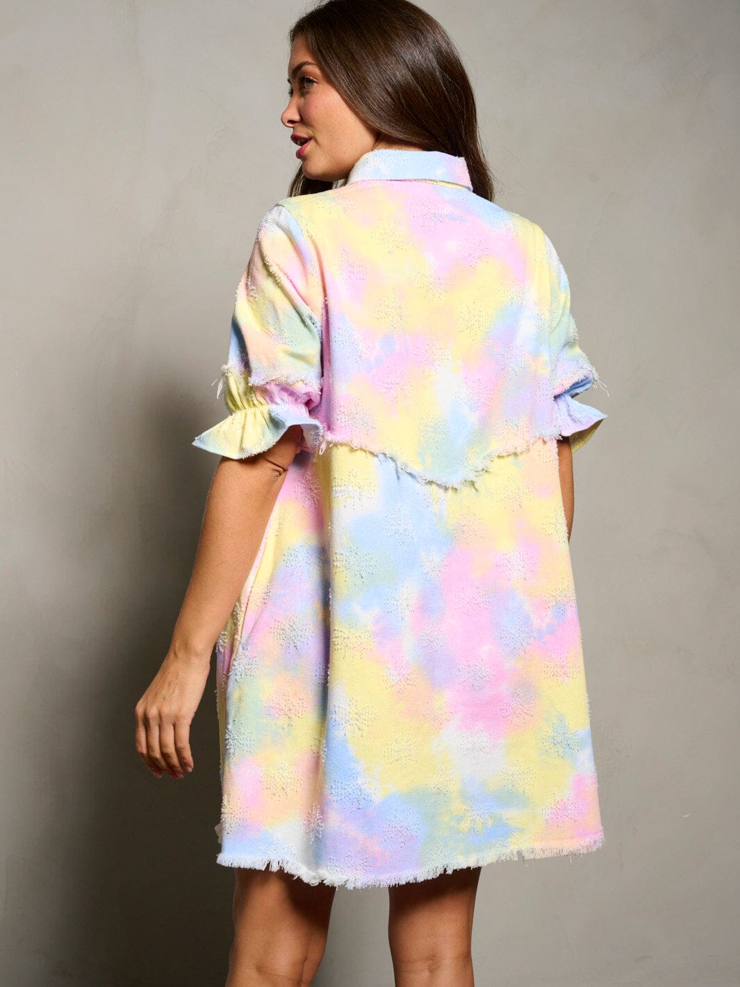 WOMEN'S SHORT SLEEVE BUTTON UP DETAILED POCKETS TIE DYE TUNIC MINI DRESS