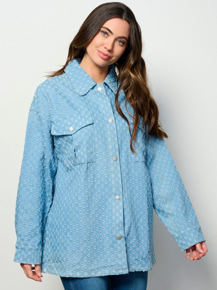 WOMEN'S LONG SLEEVE BUTTON UP POCKETS EYELET DENIM OVERSIZED TOP