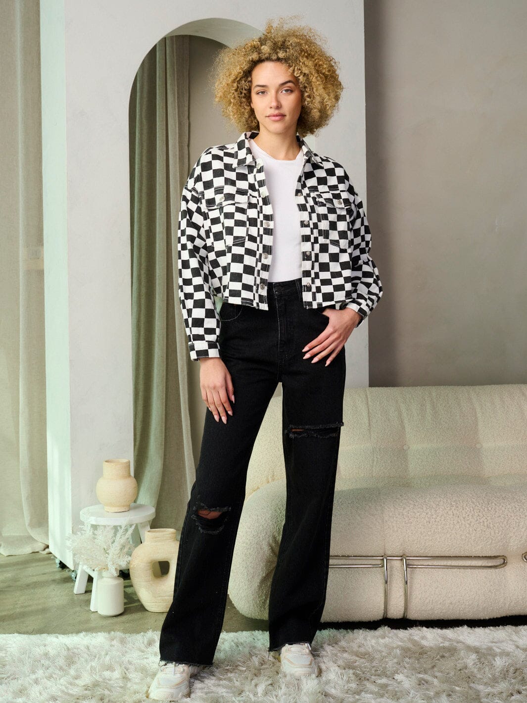 WOMEN'S LONG SLEEVE BUTTON CLOSURE CHECKERS DENIM CROP JACKET