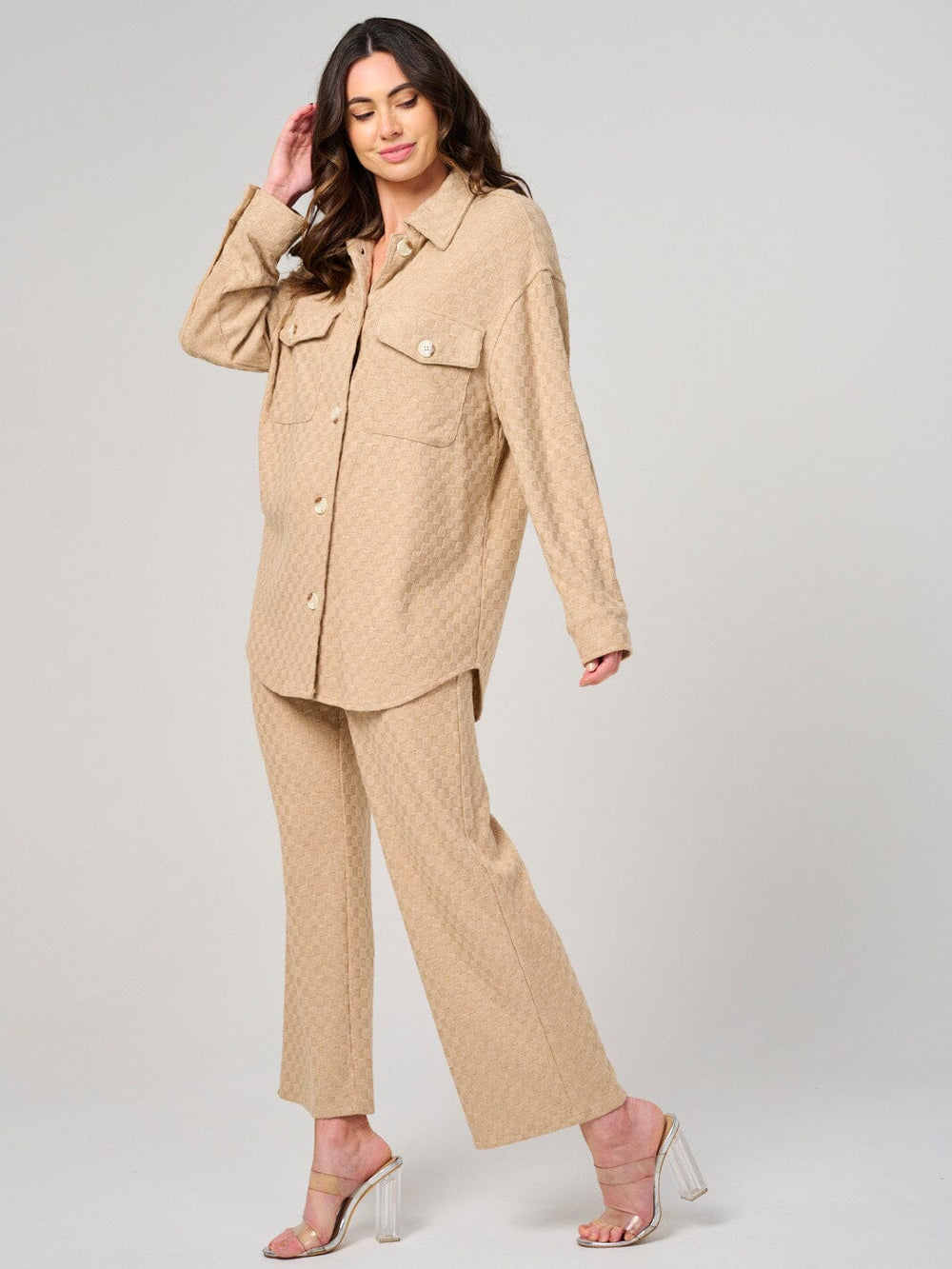 WOMEN'S ELASTIC WAIST SELF TIE FRONT POCKETS CHECKER WIDE LEG PANTS