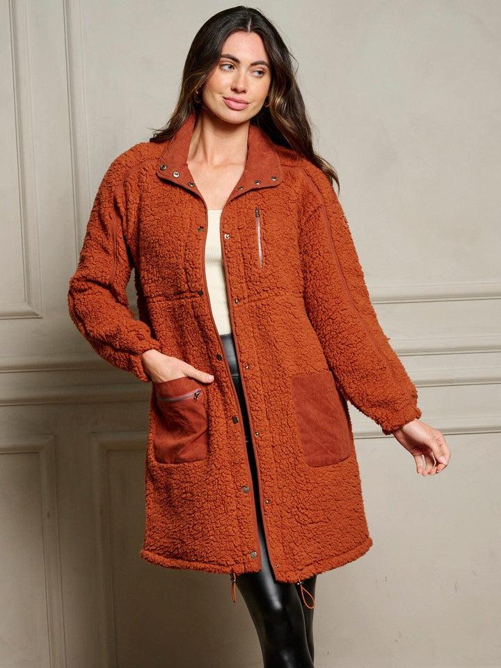 WOMEN'S LONG SLEEVE BUTTON CLOSURE SHERPA POCKETS JACKET