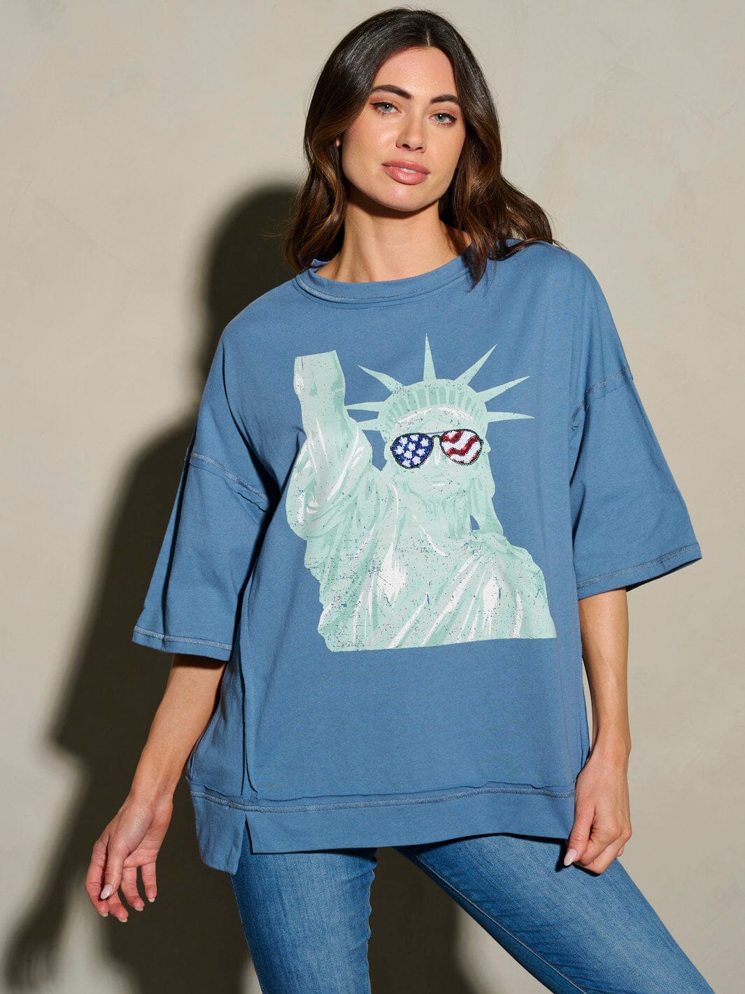 WOMEN'S SHORT SLEEVE SEQUINS LADY LIBERTY PATRIOTIC TUNIC BLOUSE TOP