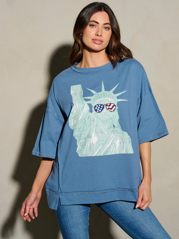 WOMEN'S SHORT SLEEVE SEQUINS LADY LIBERTY PATRIOTIC TUNIC BLOUSE TOP