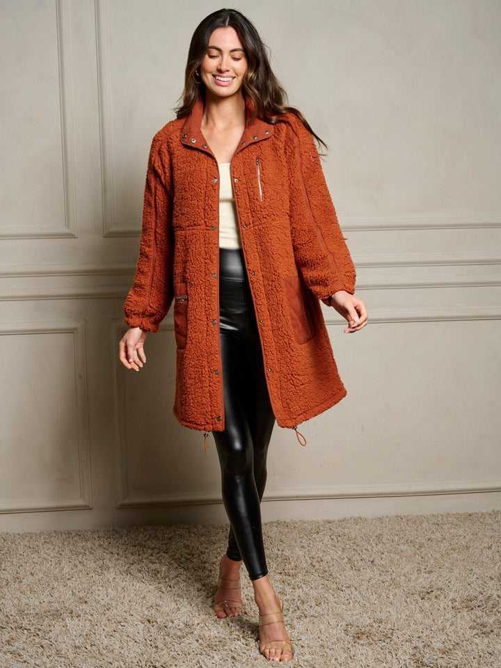 WOMEN'S LONG SLEEVE BUTTON CLOSURE SHERPA POCKETS JACKET