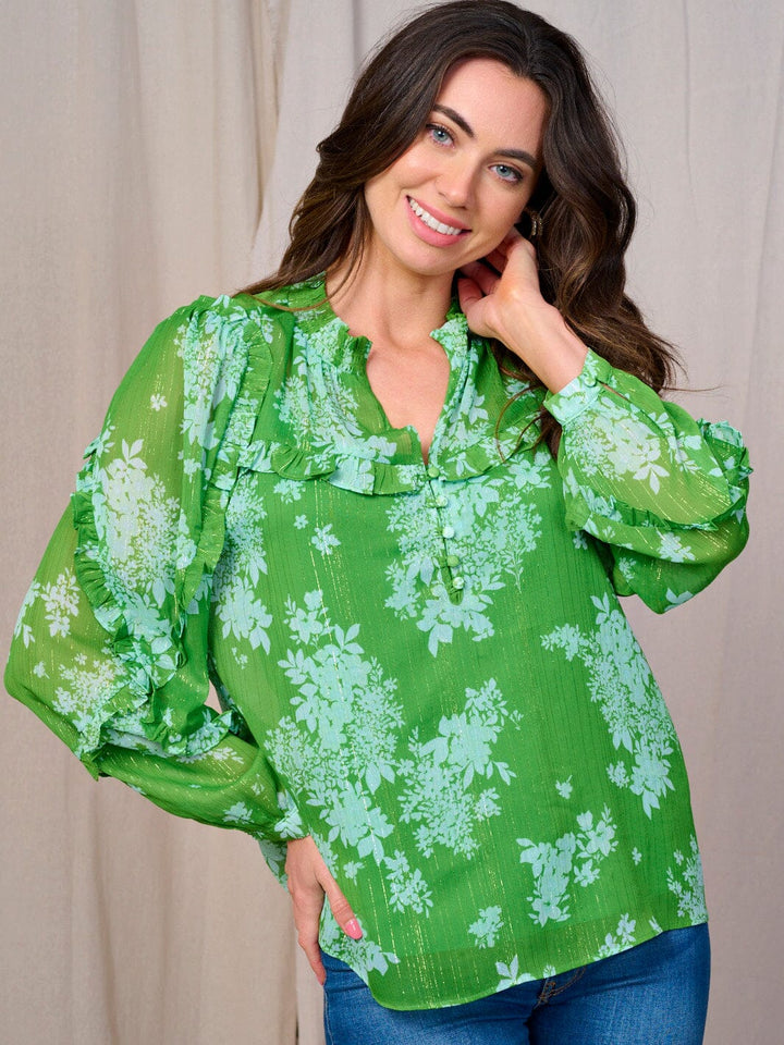 WOMEN'S LONG SLEEVE RUFFLE V-NECK BUTTON UP FLORAL BLOUSE