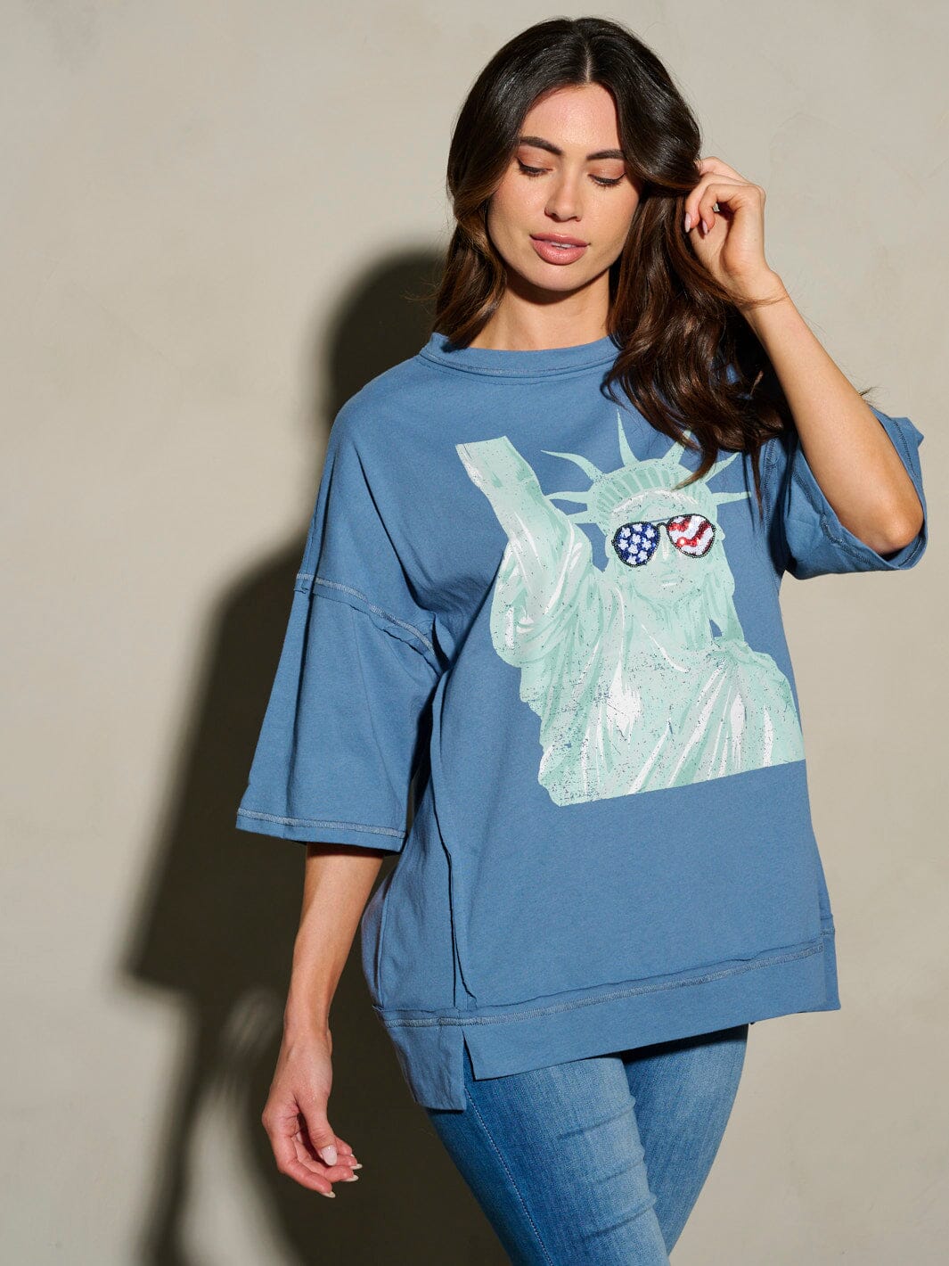 WOMEN'S SHORT SLEEVE SEQUINS LADY LIBERTY PATRIOTIC TUNIC BLOUSE TOP