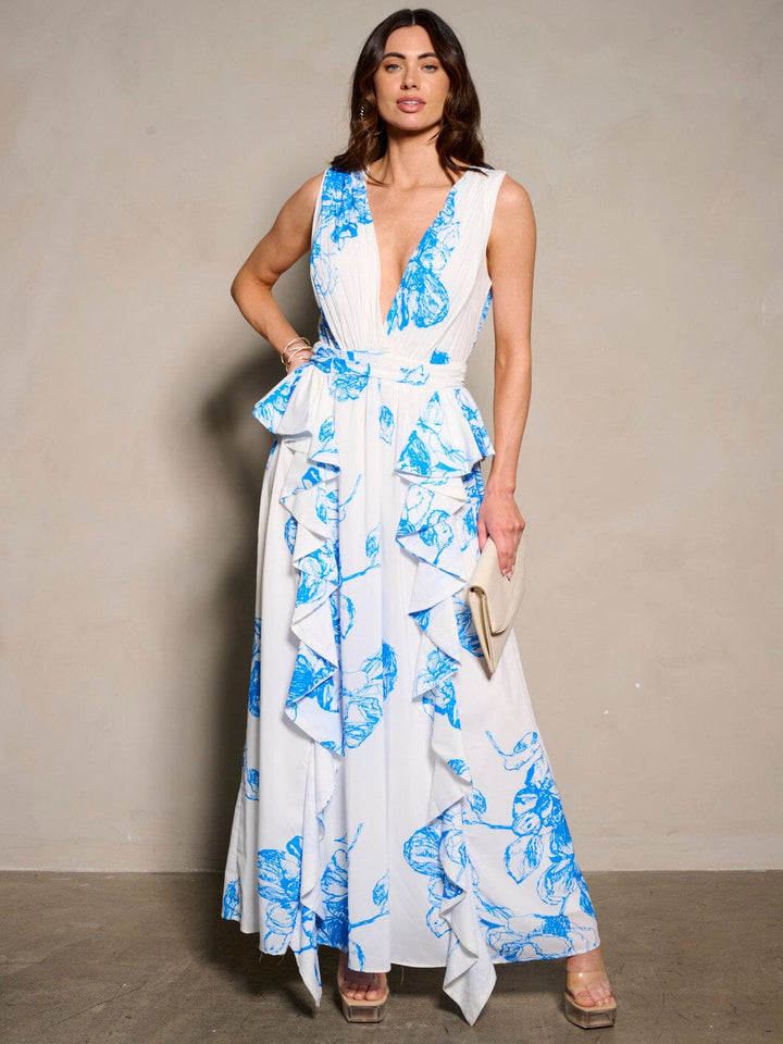 WOMEN'S SLEEVELESS V-NECK RUFFLE PRINTED MAXI DRESS