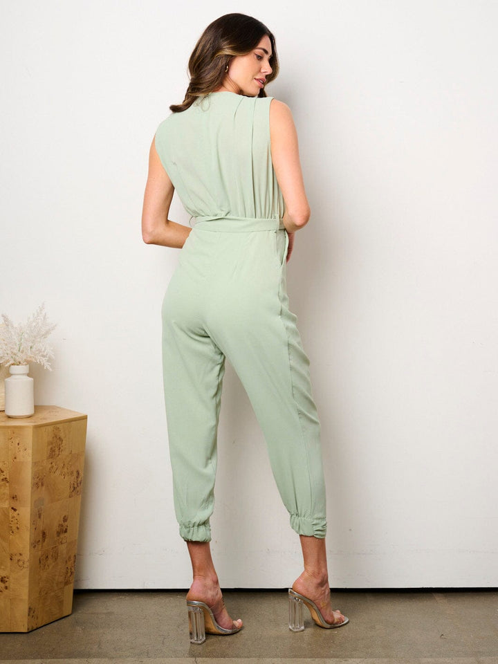 WOMEN'S SLEEVELESS SURPLICE SELF TIE POCKETS JUMPSUIT