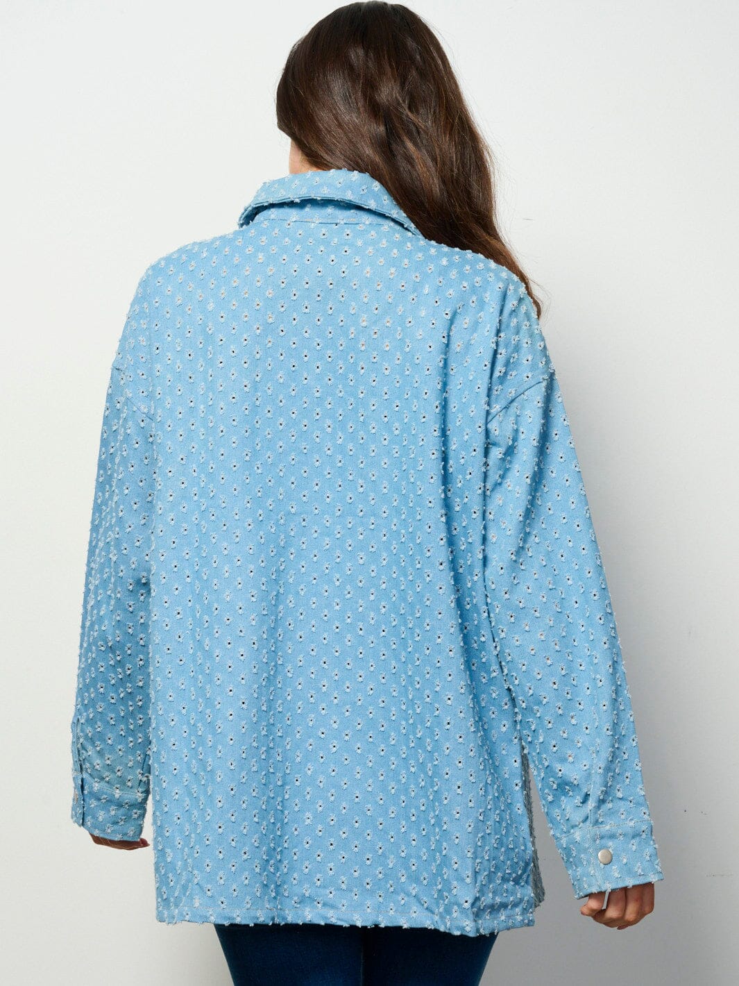 WOMEN'S LONG SLEEVE BUTTON UP POCKETS EYELET DENIM OVERSIZED TOP