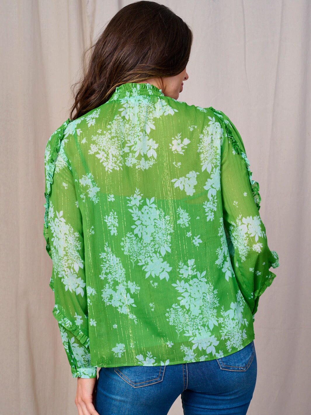 WOMEN'S LONG SLEEVE RUFFLE V-NECK BUTTON UP FLORAL BLOUSE