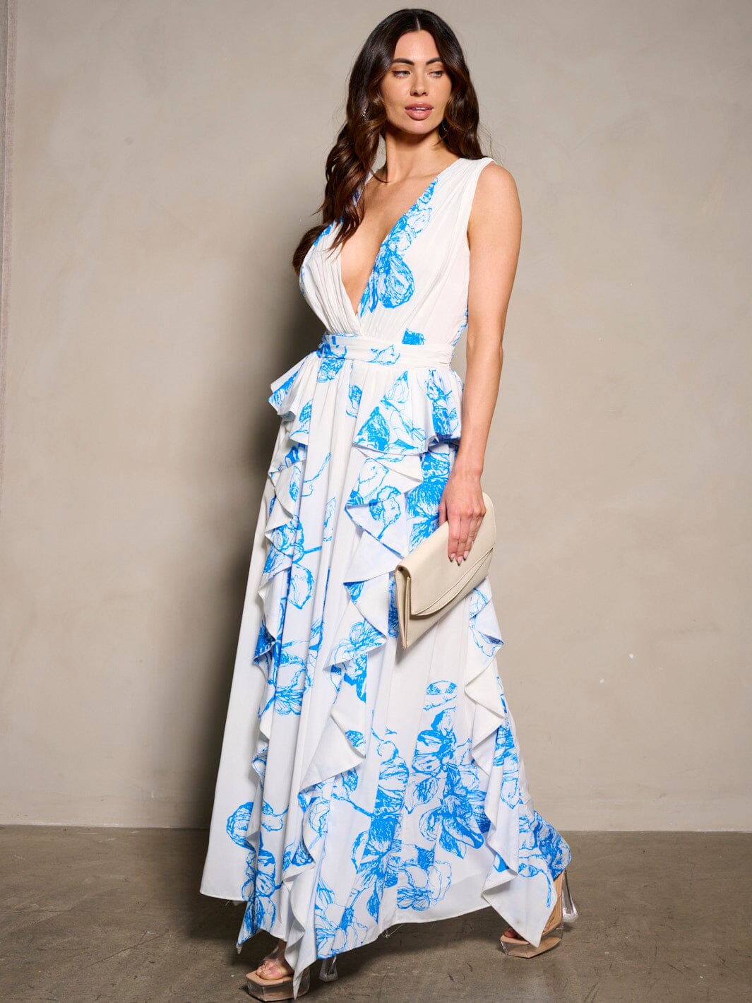 WOMEN'S SLEEVELESS V-NECK RUFFLE PRINTED MAXI DRESS