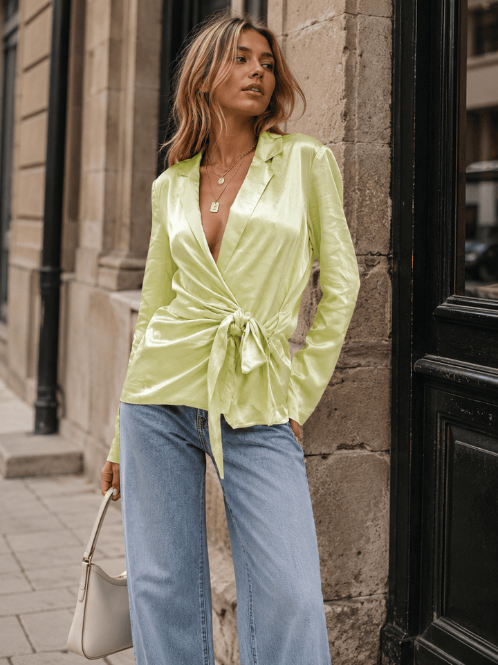 WOMEN'S LONG SLEEVE V-NECK SELF TIE WRAP BLAZER