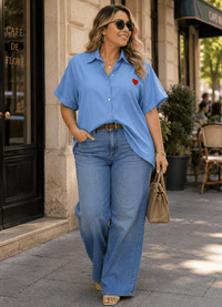 PLUS SIZE SHORT SLEEVE BUTTON UP FRONT POCKET HEART BLOUSE