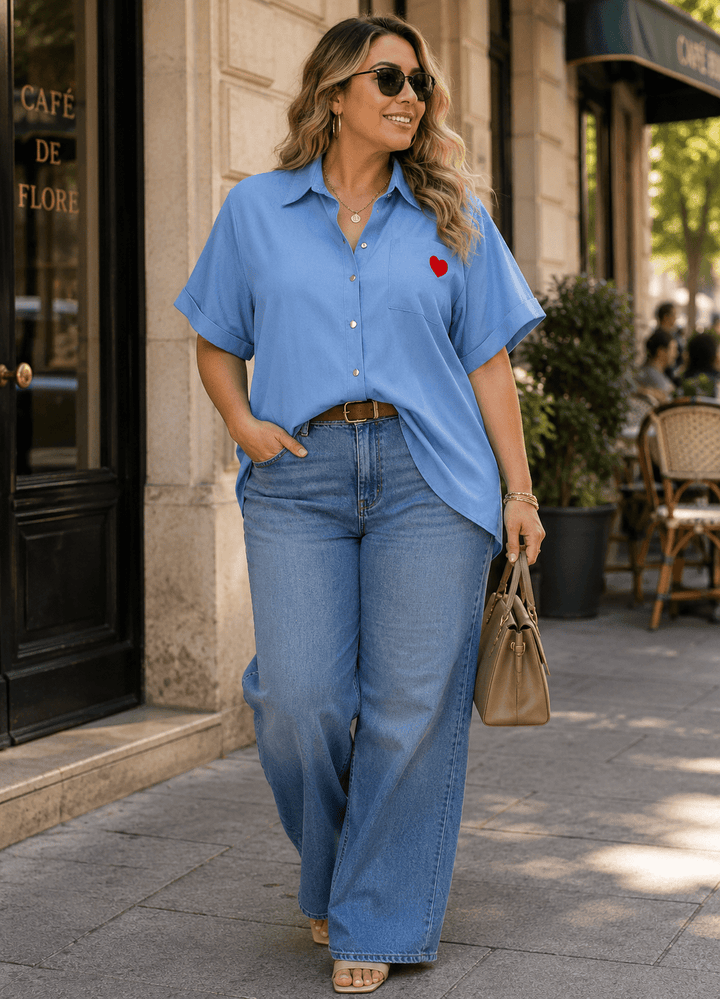 PLUS SIZE SHORT SLEEVE BUTTON UP FRONT POCKET HEART BLOUSE