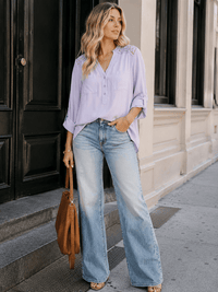 WOMEN'S LONG SLEEVE V-NECK BUTTON UP FRONT POCKETS HIGH-LOW TUNIC BLOUSE