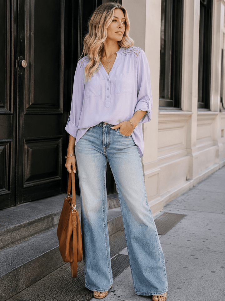 WOMEN'S LONG SLEEVE V-NECK BUTTON UP FRONT POCKETS HIGH-LOW TUNIC BLOUSE