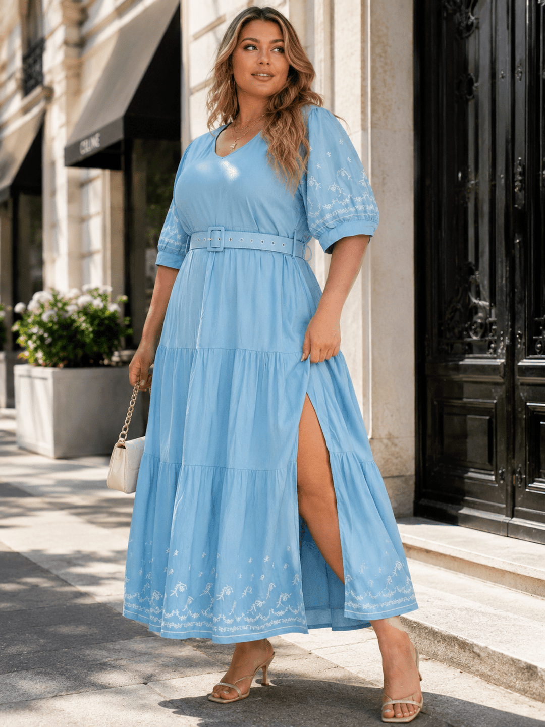 PLUS SIZE SHORT SLEEVE V-NECK TIERED BELTED EMBROIDERY MAXI DRESS