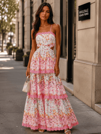 WOMEN'S SLEEVELESS ELASTIC WAIST OPEN BACK RUFFLE TIERED PRINT MAXI DRESS