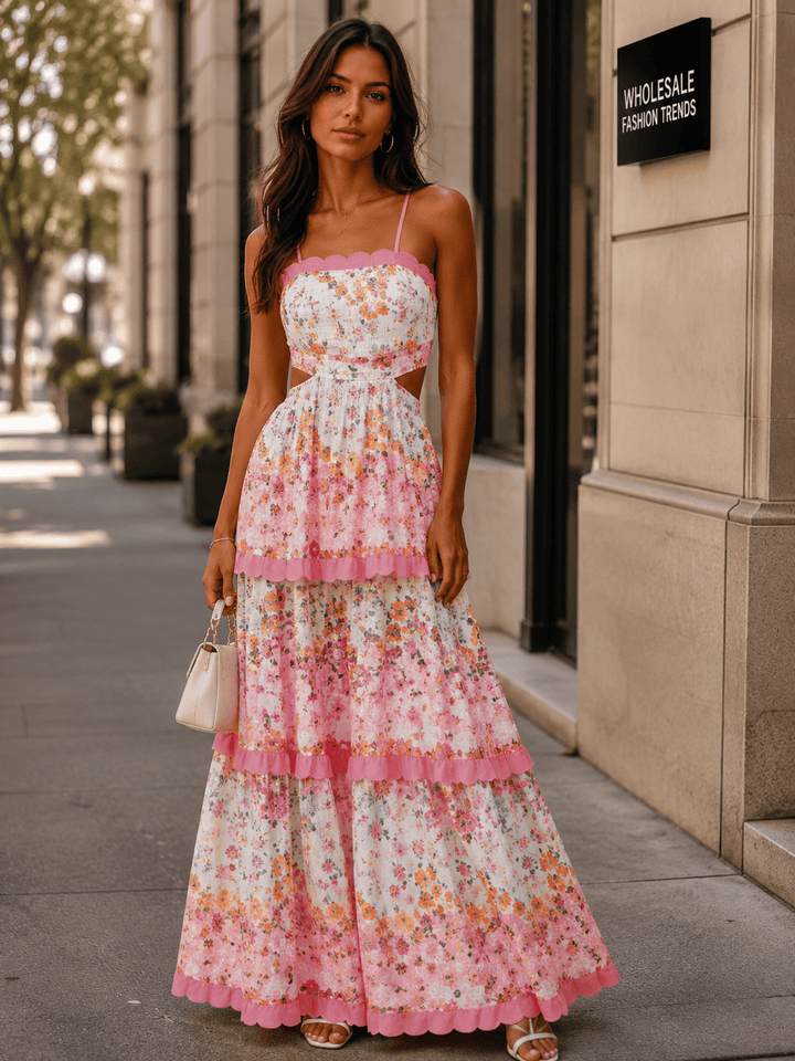 WOMEN'S SLEEVELESS ELASTIC WAIST OPEN BACK RUFFLE TIERED PRINT MAXI DRESS
