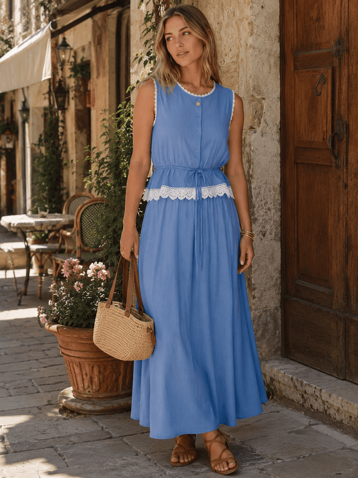 WOMEN'S SLEEVELESS BUTTON UP TOP & ELASTIC WAIST MAXI SKIRT CHAMBRAY 2PC. SET