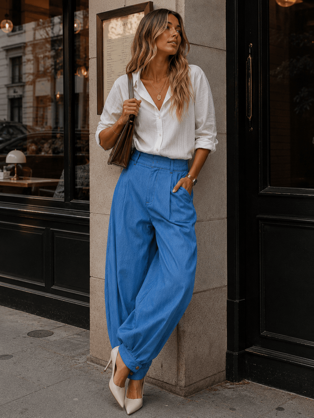 WOMEN'S ELASTIC WAIST BUTTON CLOSURE POCKETS JOGGER LEG PANTS