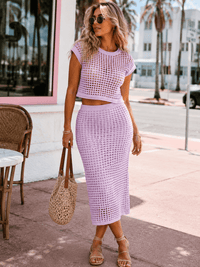 WOMEN'S SHORT SLEEVE TOP & ELASTIC WAIST MAXI SKIRT CROCHET 2PC. SET