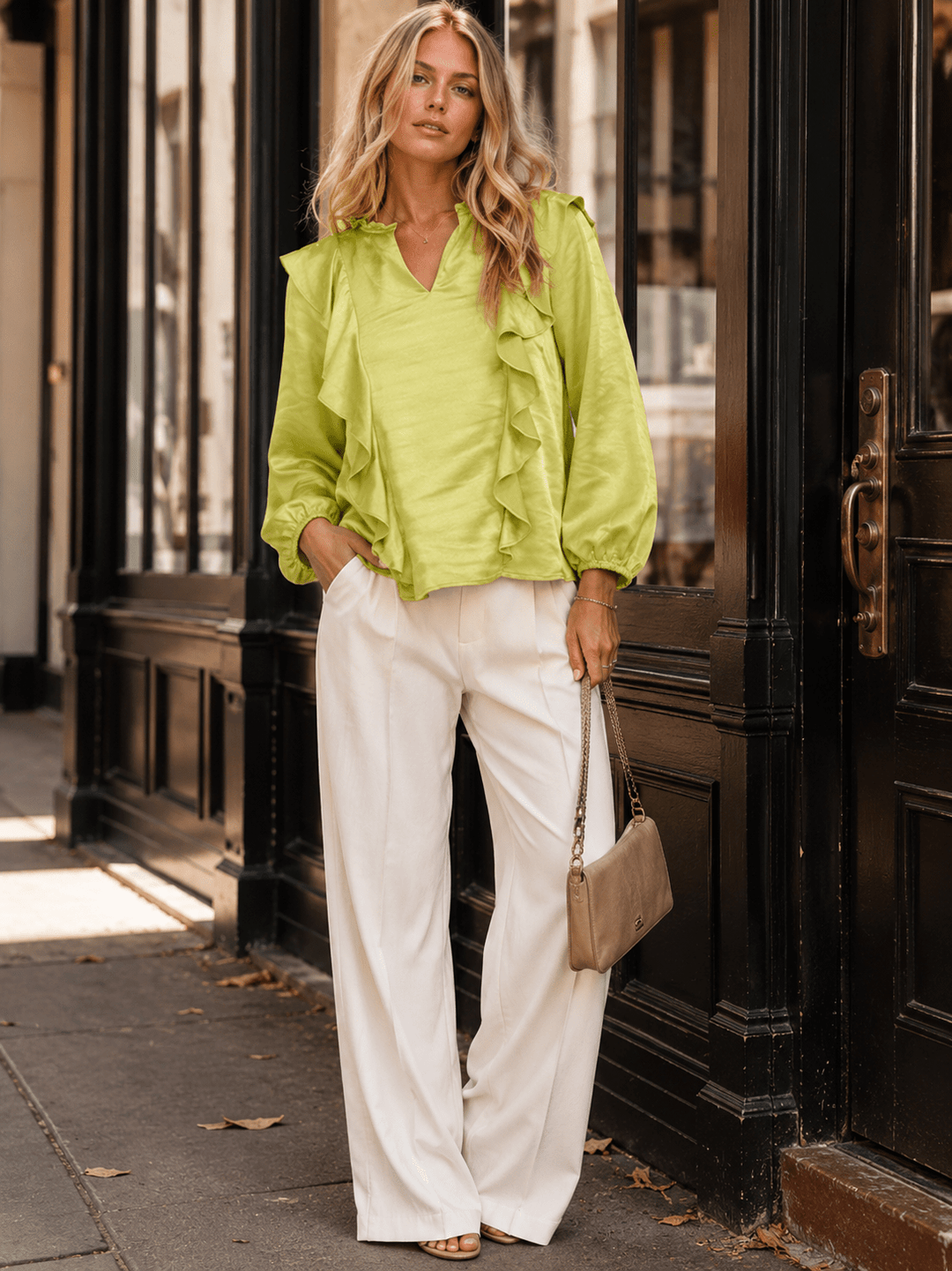 WOMEN'S LONG SLEEVE V-NECK RUFFLE BLOUSE