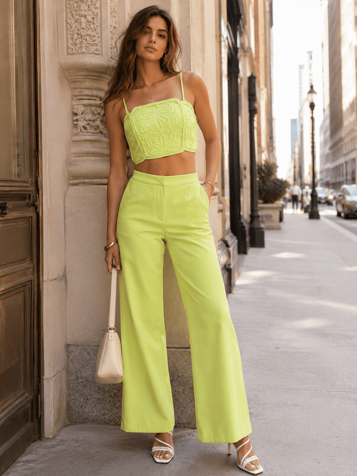 WOMEN'S SLEEVELESS SMOCK CROP TOP & BUTTON CLOSURE POCKETS WIDE LEG PANTS 2PC. SET