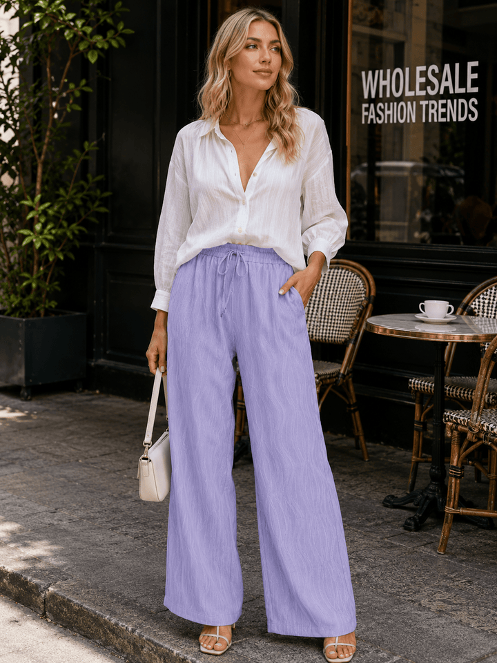 WOMEN'S ELASTIC WAIST FRONT POCKET WIDE LEG DETAILED PANTS