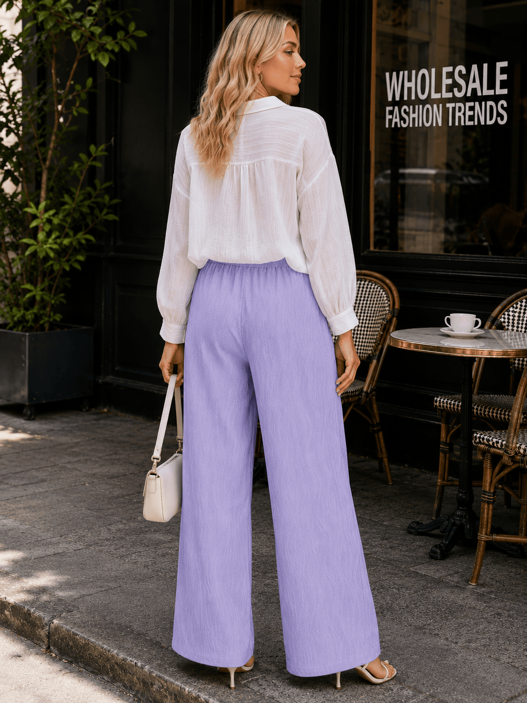 WOMEN'S ELASTIC WAIST FRONT POCKET WIDE LEG DETAILED PANTS
