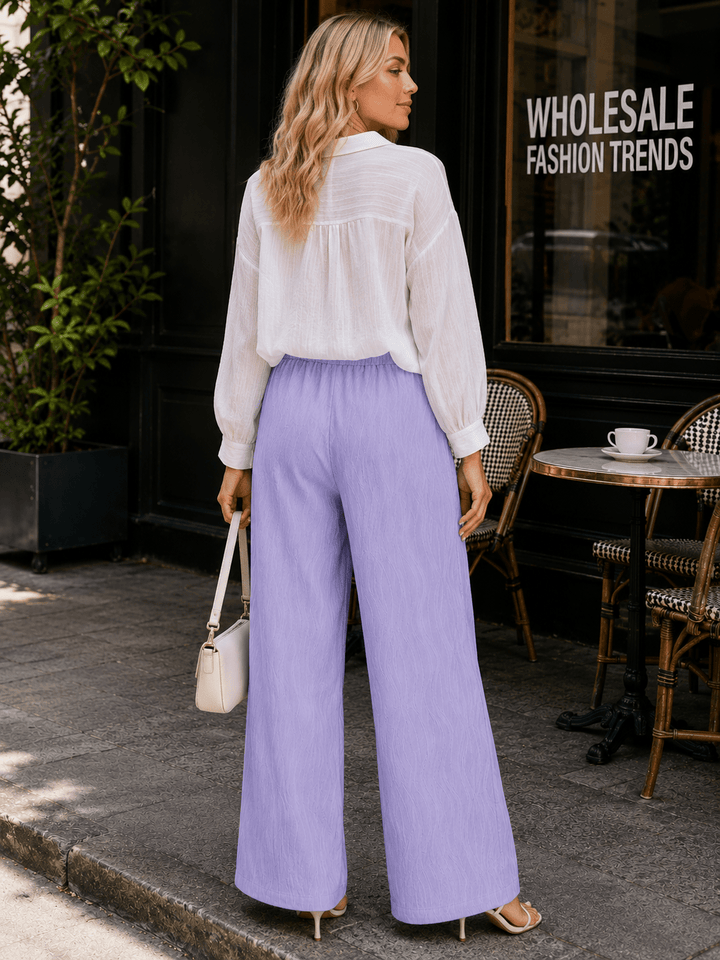 WOMEN'S ELASTIC WAIST FRONT POCKET WIDE LEG DETAILED PANTS