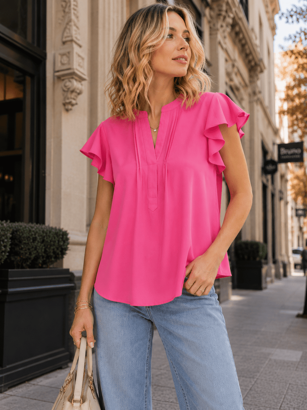 WOMEN'S SHORT RUFFLE SLEEVE V-NECK DETAILED BLOUSE