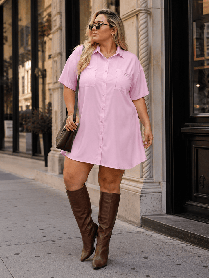 PLUS SIZE SHORT SLEEVE BUTTON UP FRONT POCKETS STUDS DETAILED LOOSE FIT MINI DRESS