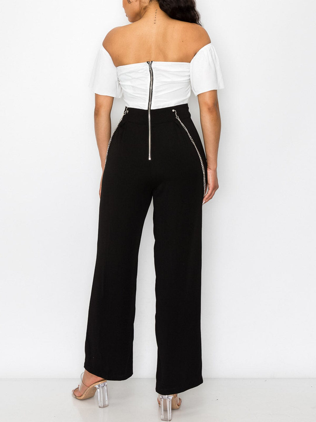 WOMEN'S OFF SHOULDER ZIP UP CHAIN DETAILED JUMPSUIT