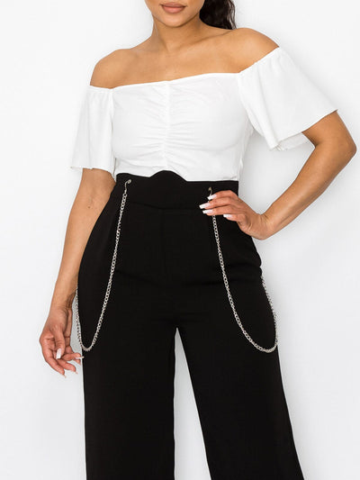 WOMEN'S OFF SHOULDER ZIP UP CHAIN DETAILED JUMPSUIT