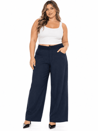 PLUS SIZE BUTTON CLOSURE CROCHET WAIST FRONT POCKETS WIDE LEG PANTS