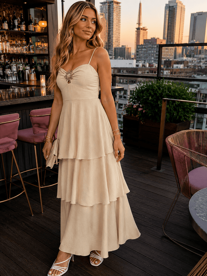 WOMEN'S SLEEVELESS V-NECK RUFFLE TIERED MAXI DRESS