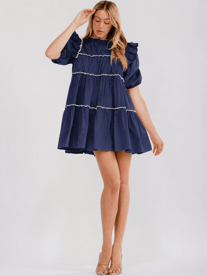 WOMEN'S SHORT PUFF SLEEVE TIERED TUNIC MINI DRESS