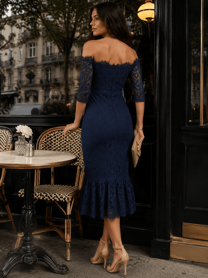 JUST ME WOMEN'SOFF SHOULDER SHORT SLEEVE FLORAL LACE BODYCON MIDI DRESS