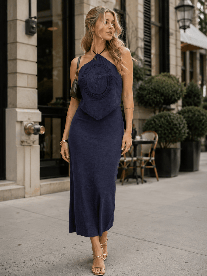 WOMEN'S SLEEVELESS HALTER NECK OPEN BACK CROCHET DETAILED MAXI DRESS