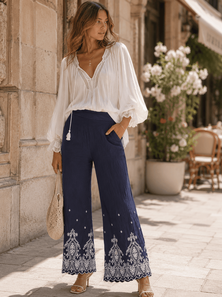 WOMEN'S ELASTIC WAIST FRONT POCKETS WIDE LEG EMBROIDERY PANTS