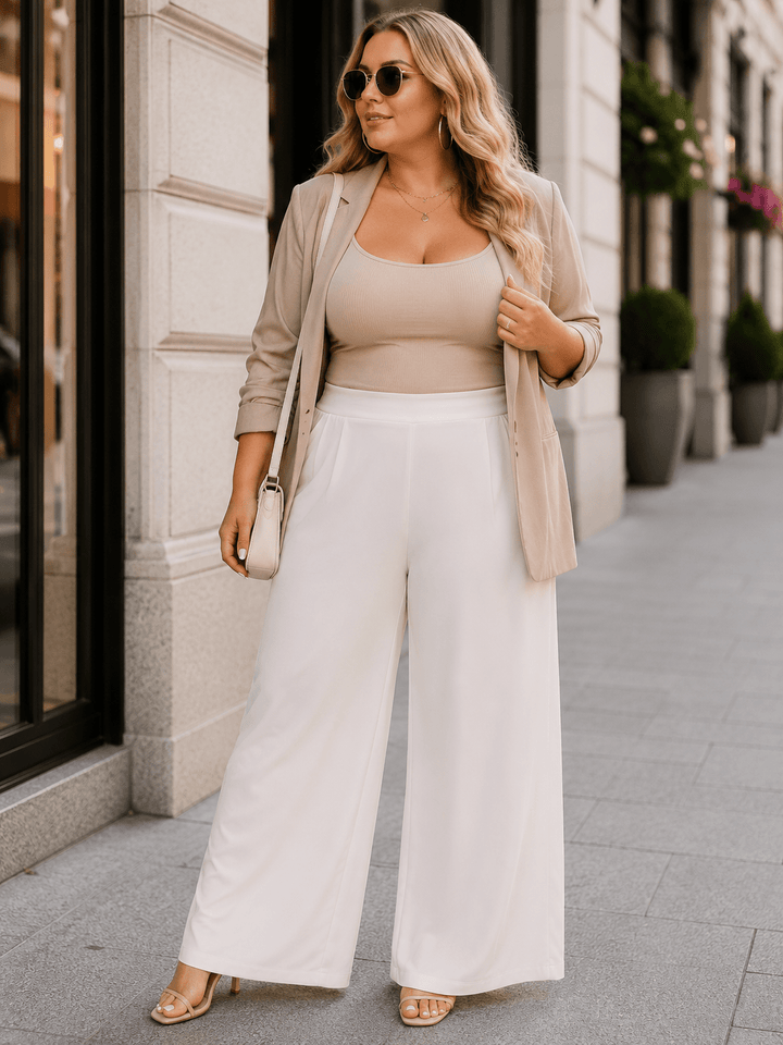 PLUS SIZE ELASTIC WAIST FRONT POCKETS WIDE LEG PANTS